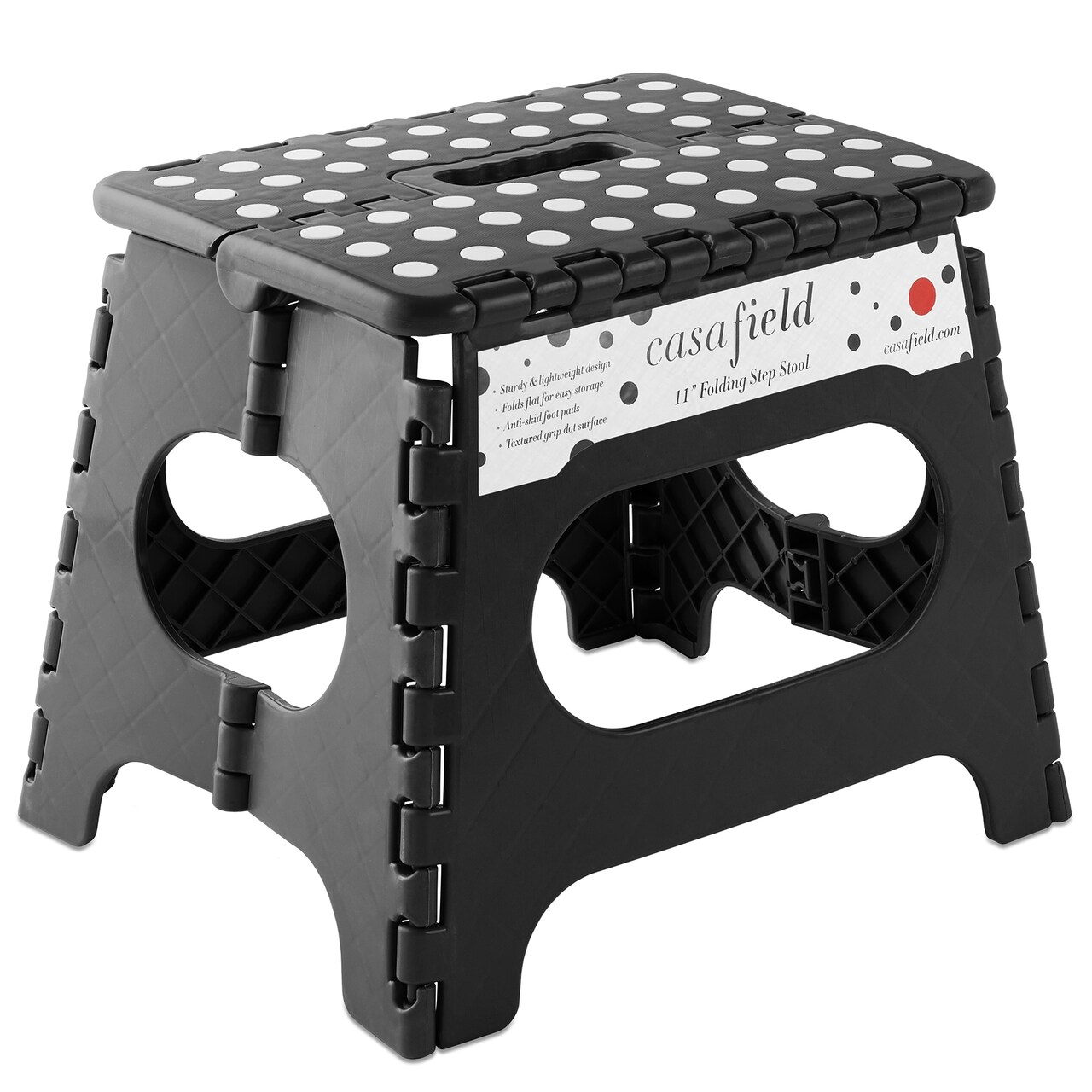 Casafield 11" Folding Step Stool with Handle, Black - Portable Collapsible Small Plastic Foot Stool for Kids and Adults - Use in the Kitchen, Bathroom and Bedroom
